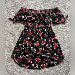 Womens off the shoulder mini dress | Black and red floral | Size XL